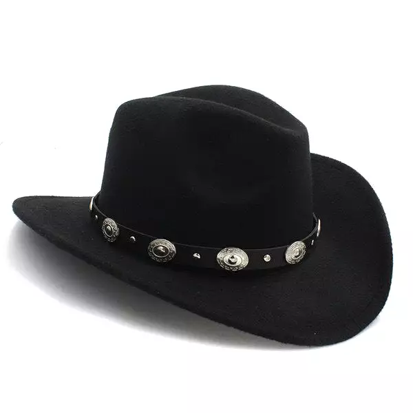 100% Wool Vintage Womem Men Western Cowboy Hat With Wide Brim Punk Belt Cowgirl Cap