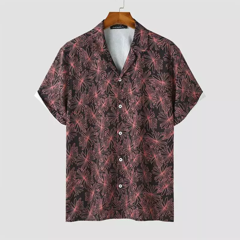 2023 Men Hawaiian Shirt Flower Printing Summer Lapel Short Sleeve Shirts