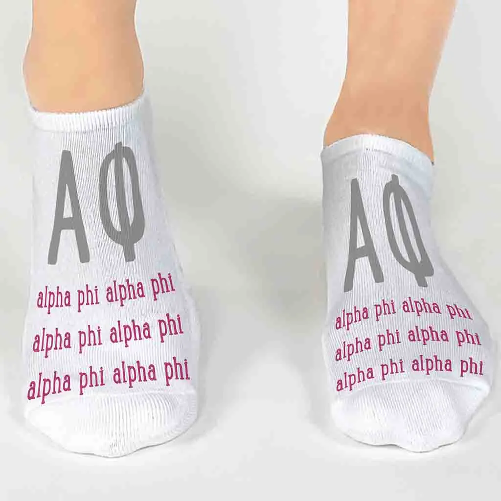 Alpha Phi Sorority Socks with Large Greek Letters, Printed on No Show Socks