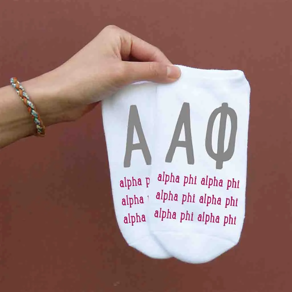 Alpha Phi Sorority Socks with Large Greek Letters, Printed on No Show Socks