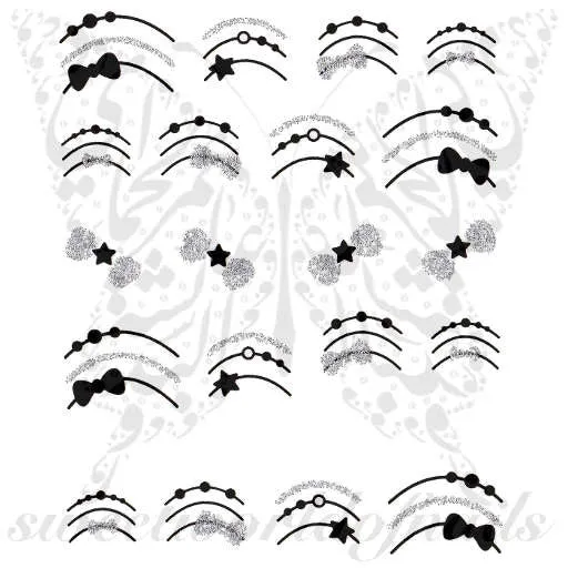 Black Bow Star Glittery Bow Nail water Decals Transfers wraps