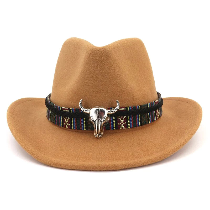 Ethnic Style Cowboy Hat Men Wool Wide Brim Unisex Bull Shaped Decor Western Cowboy Hats Women Elegant Party Caps