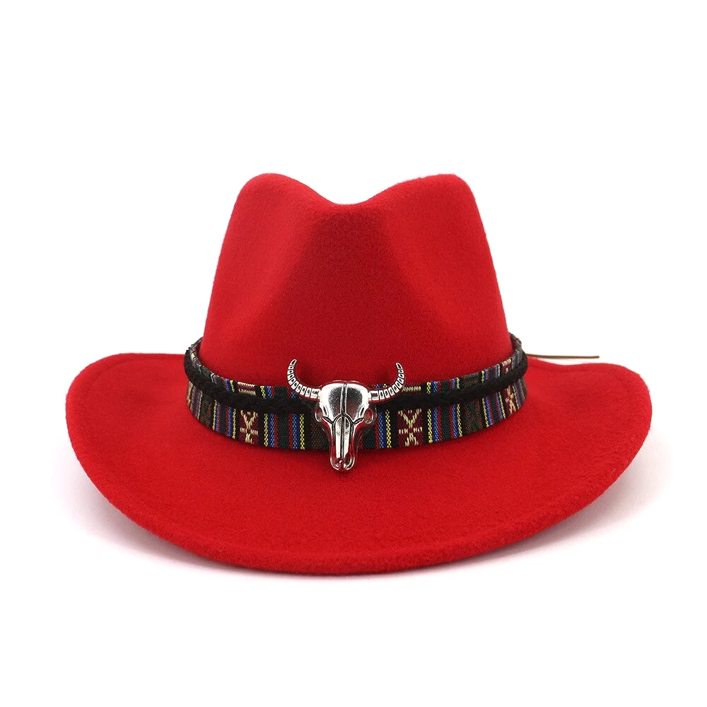 Ethnic Style Cowboy Hat Men Wool Wide Brim Unisex Bull Shaped Decor Western Cowboy Hats Women Elegant Party Caps