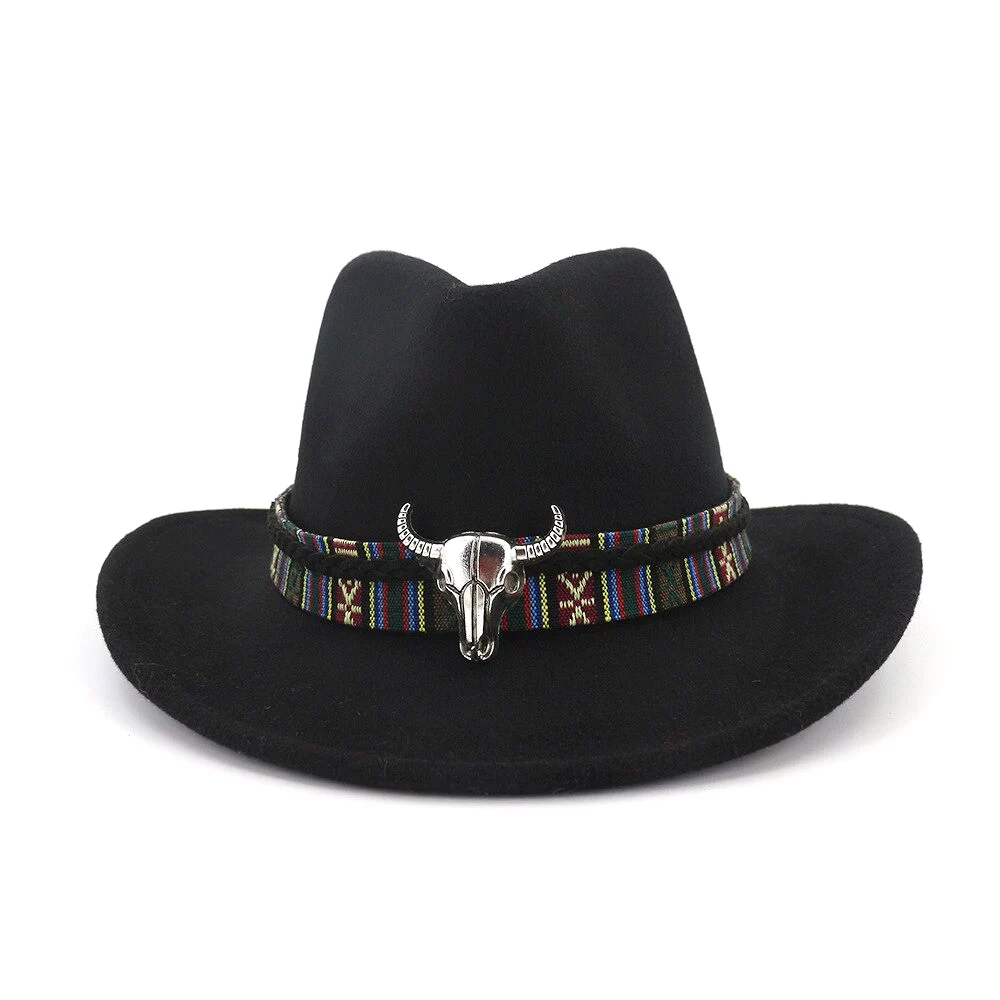 Ethnic Style Cowboy Hat Men Wool Wide Brim Unisex Bull Shaped Decor Western Cowboy Hats Women Elegant Party Caps