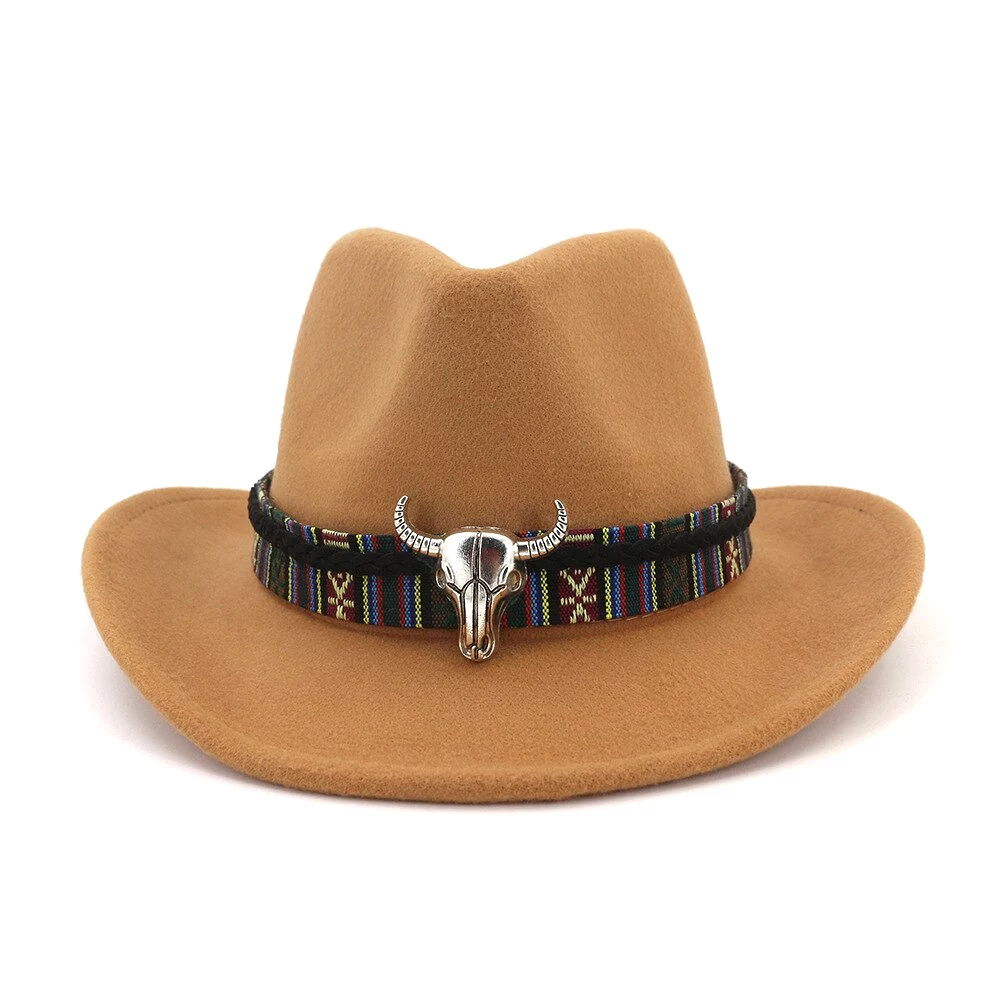 Ethnic Style Cowboy Hat Men Wool Wide Brim Unisex Bull Shaped Decor Western Cowboy Hats Women Elegant Party Caps