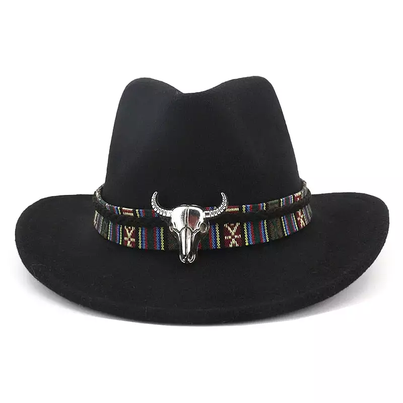 Ethnic Style Cowboy Hat Men Wool Wide Brim Unisex Bull Shaped Decor Western Cowboy Hats Women Elegant Party Caps