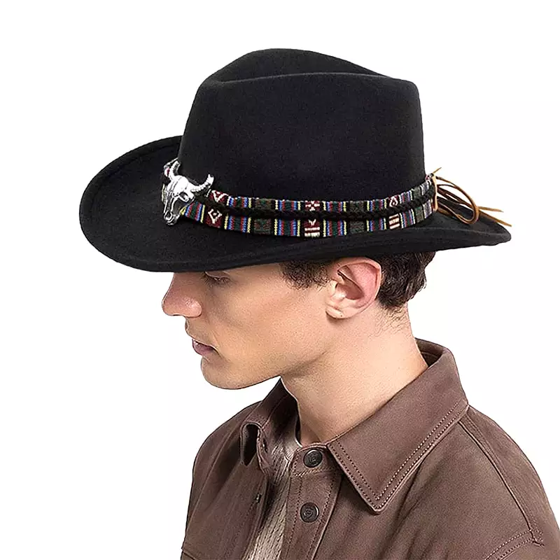 Ethnic Style Cowboy Hat Men Wool Wide Brim Unisex Bull Shaped Decor Western Cowboy Hats Women Elegant Party Caps