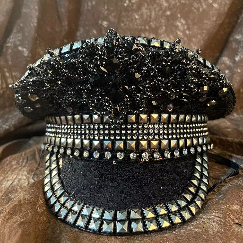 Fancy Captain Hat Women Bride Hat Black Sequin Burning Bridal Captain Sergeant Hat Luxury Rhinestone Festival Birthday Part Hat