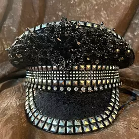 Fancy Captain Hat Women Bride Hat Black Sequin Burning Bridal Captain Sergeant Hat Luxury Rhinestone Festival Birthday Part Hat