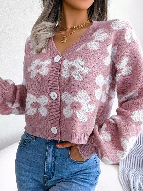 Flower Lantern Sleeve Cardigan Sweater