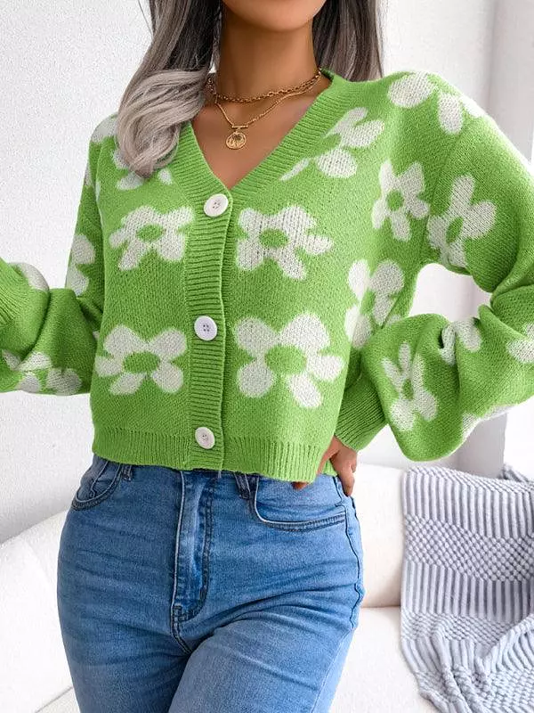 Flower Lantern Sleeve Cardigan Sweater