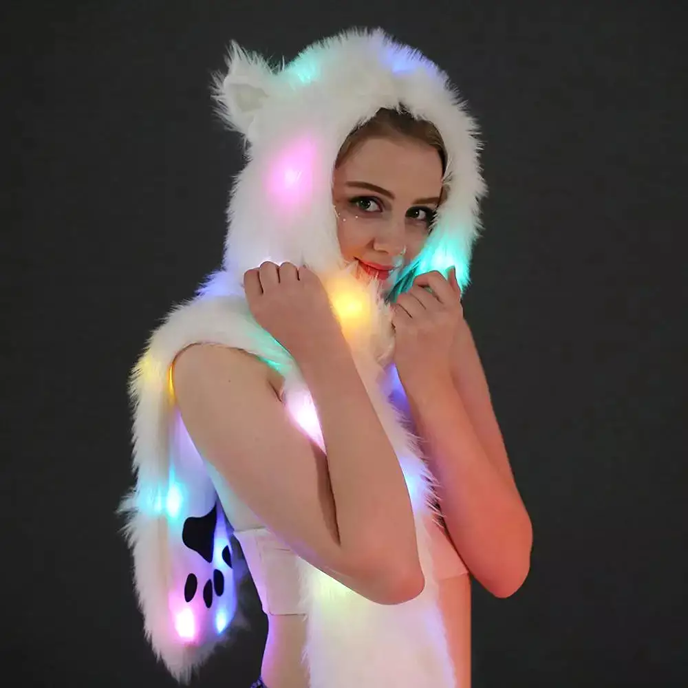 Holiday Party Women LED Hat Scarf Creative LED Light Up Faux Fur Animal Ears Hood Hat with Scarf