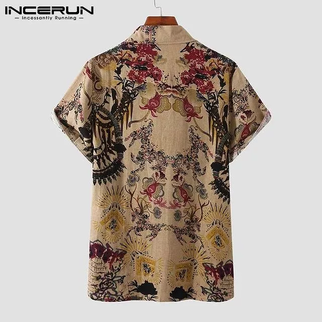 INCERUN Men Shirt Printed Lapel Short Sleeve Cotton Casual Vintage Ethnic Style Hawaiian Shirts Streetwear Camisas S3399936