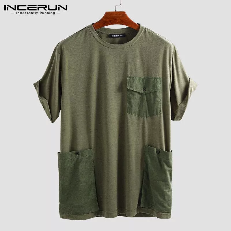 INCERUN Summer Men T Shirt Solid Casual Short Sleeve Tee Tops Pockets Streetwear Loose Couple T-shirts Men Camisetas Hombre S409