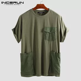 INCERUN Summer Men T Shirt Solid Casual Short Sleeve Tee Tops Pockets Streetwear Loose Couple T-shirts Men Camisetas Hombre S409