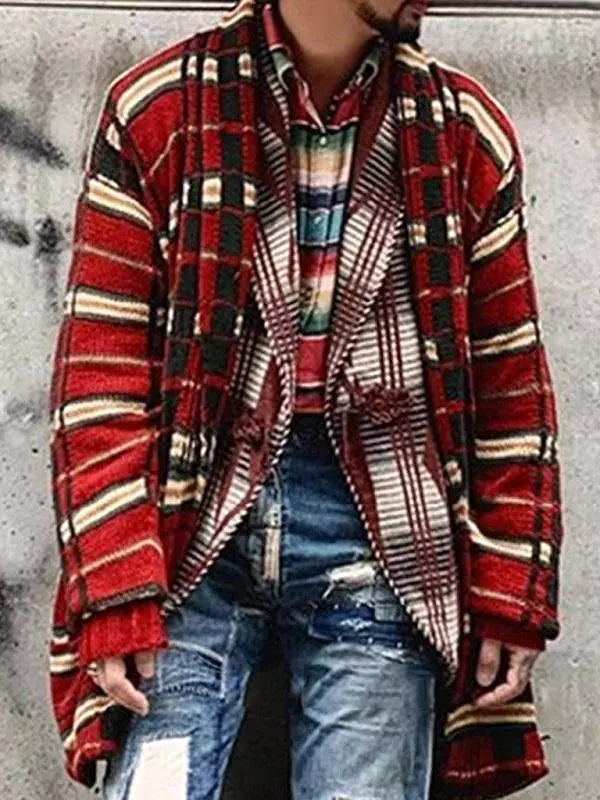 Long Plaid Knitted Men Cardigan Sweater