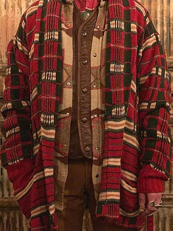 Long Plaid Knitted Men Cardigan Sweater