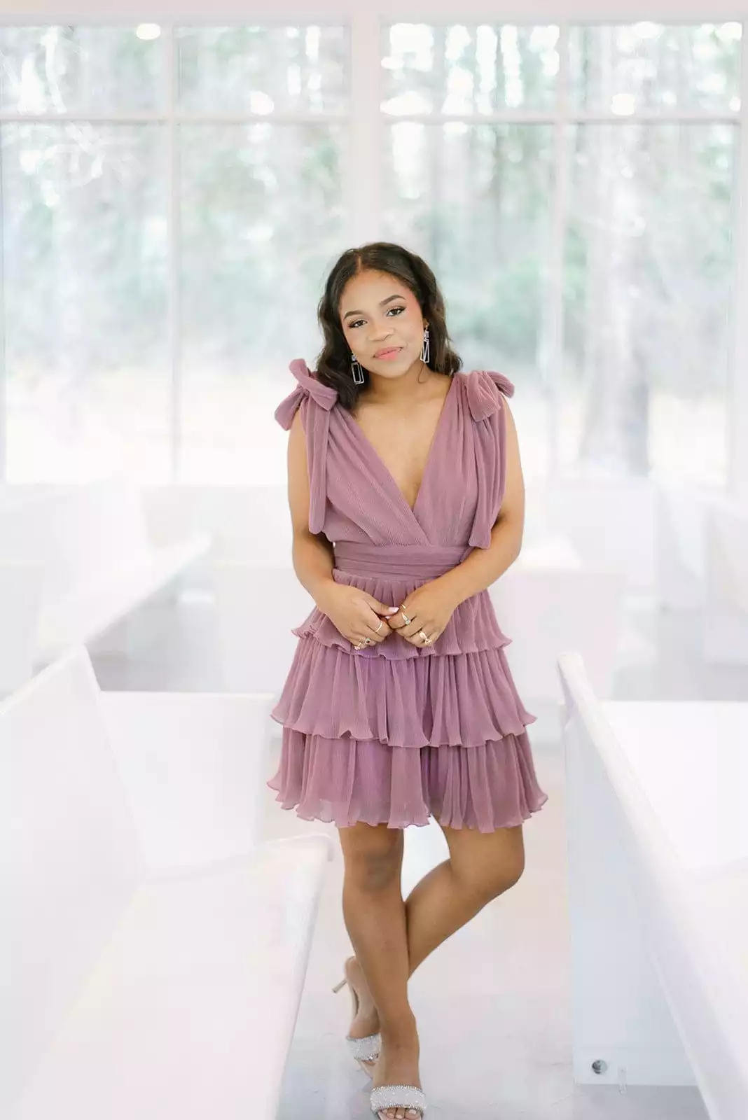 Mauve Pleated Ruffled Mini Dress