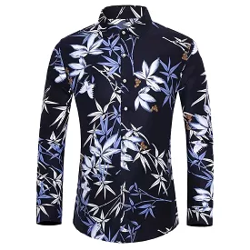 Men long-sleeved plus size shirt fashion rose plant flower printed shirt Hawaii leisure vacation men's clothing S2974274