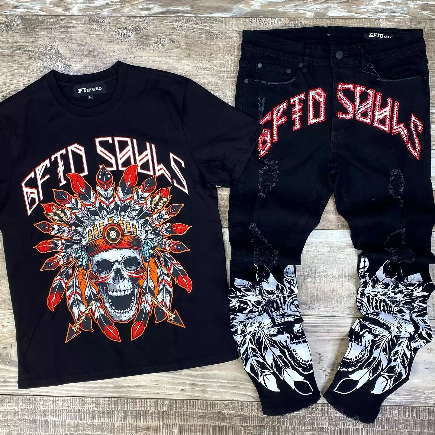 Native Skull Distressed Denim (Black) /C6