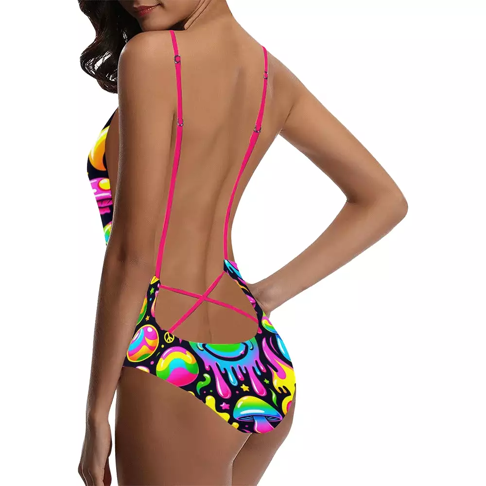 Neon Drip Backless Rave One Piece Swimsuit