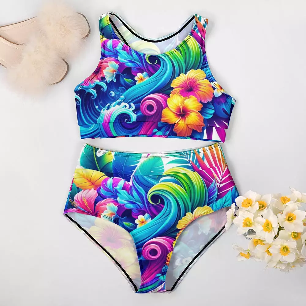 Neon Tropic High Waist Racerback Two Piece Swimsuit