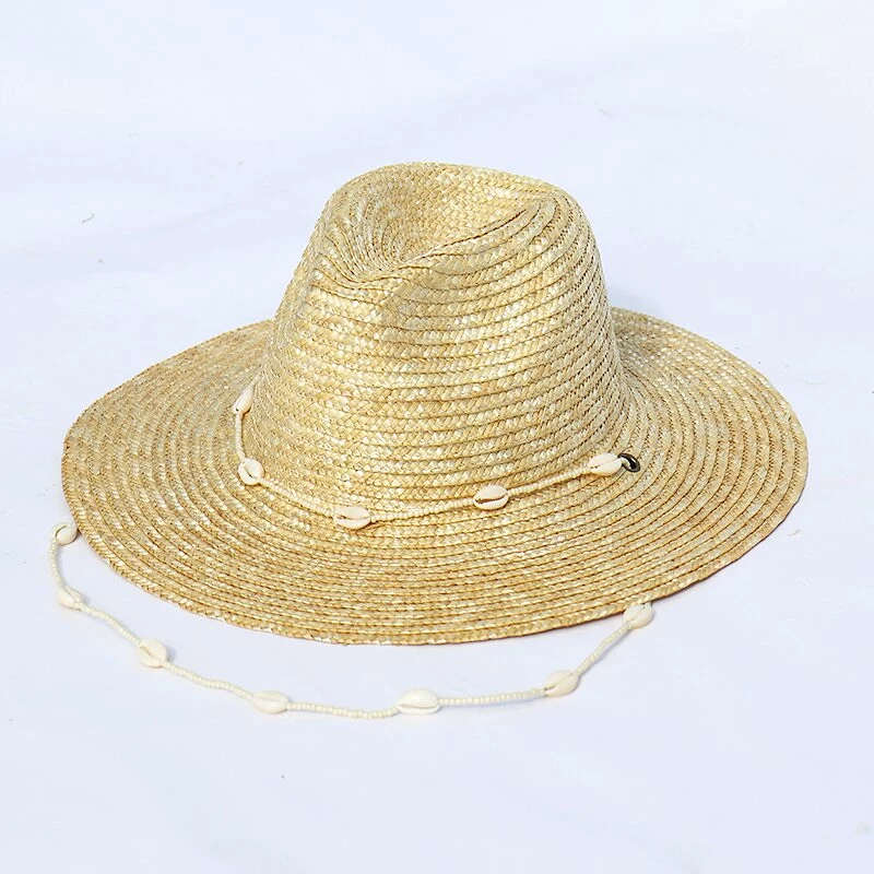 New Seashells Beaded Beach Hats With Chain For Women Fashion Straw Woven Fedora Sun Hats Summer Holidaty Panama Hat