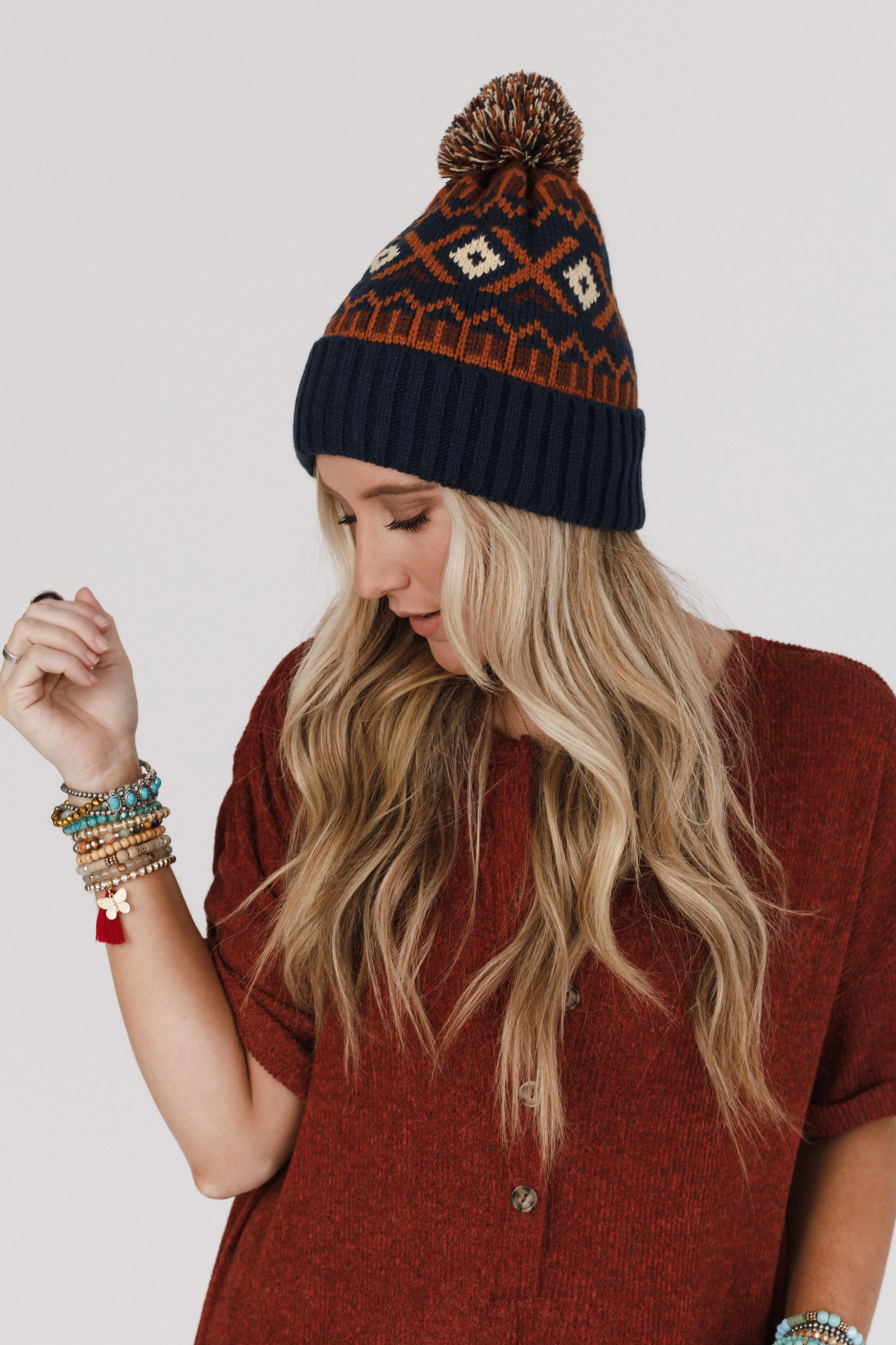 Nili Pom Beanie - Camel Multi