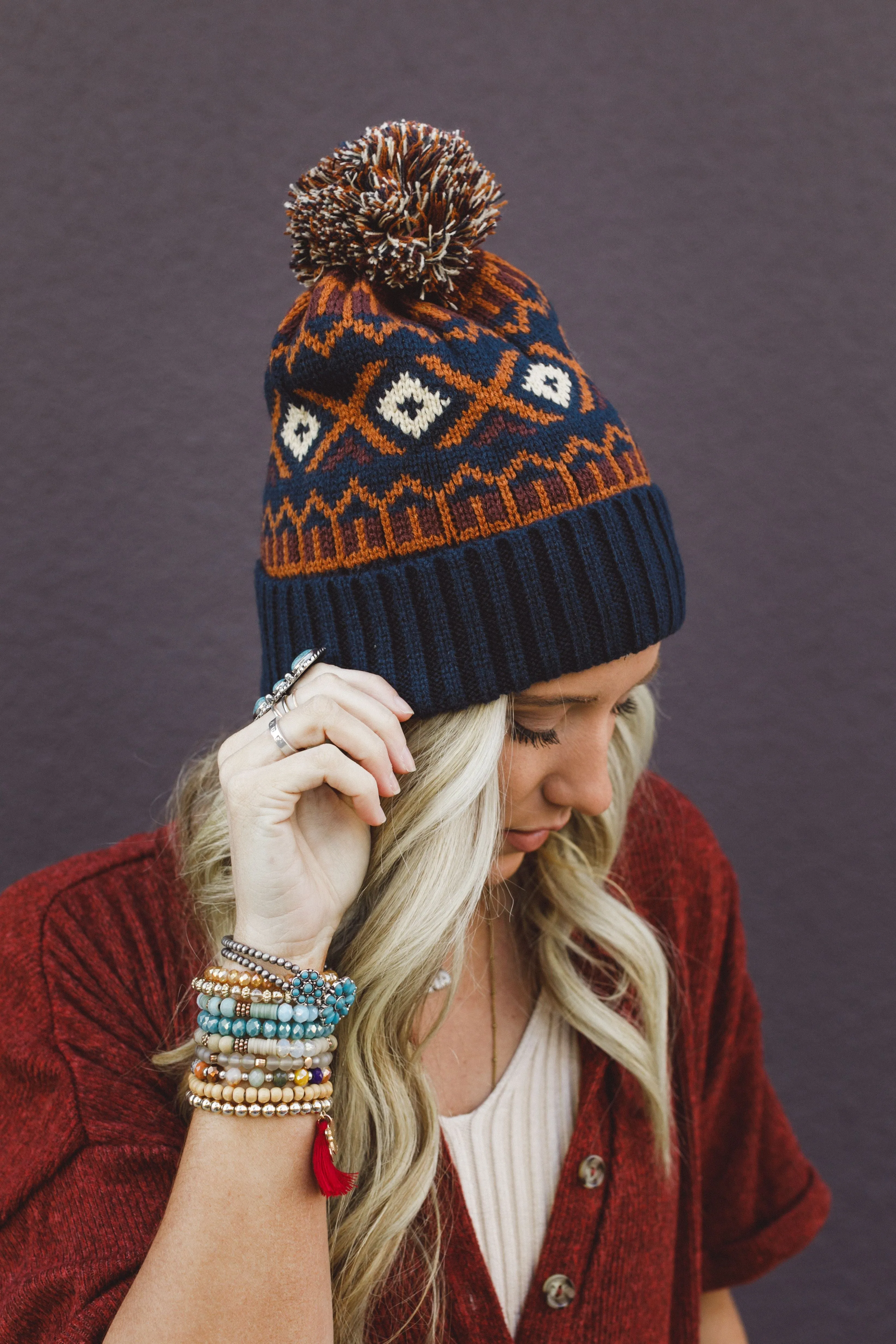 Nili Pom Beanie - Camel Multi