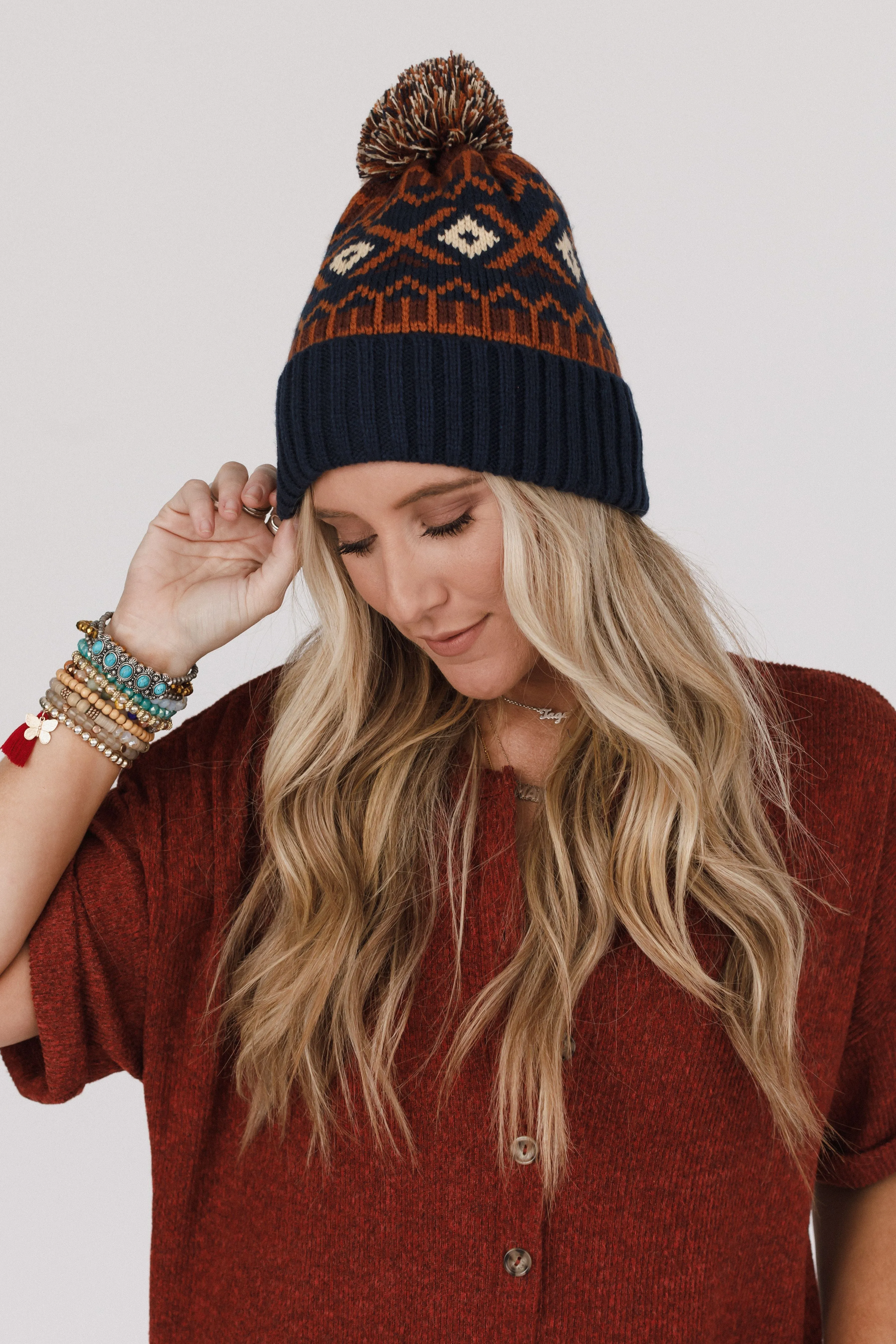 Nili Pom Beanie - Camel Multi