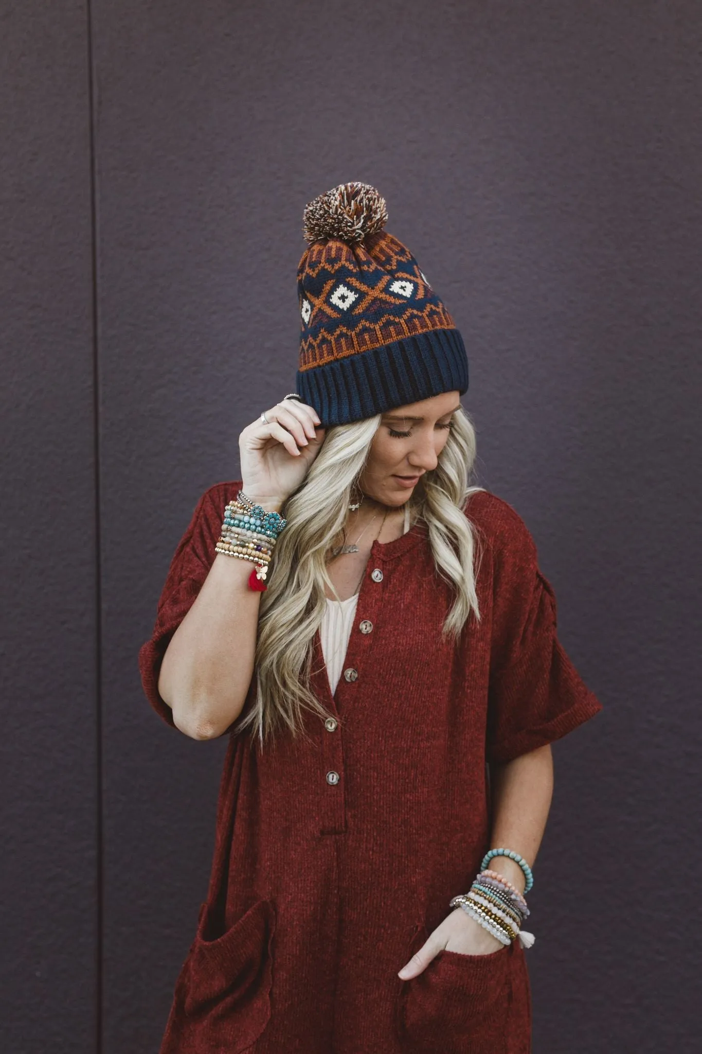 Nili Pom Beanie - Camel Multi