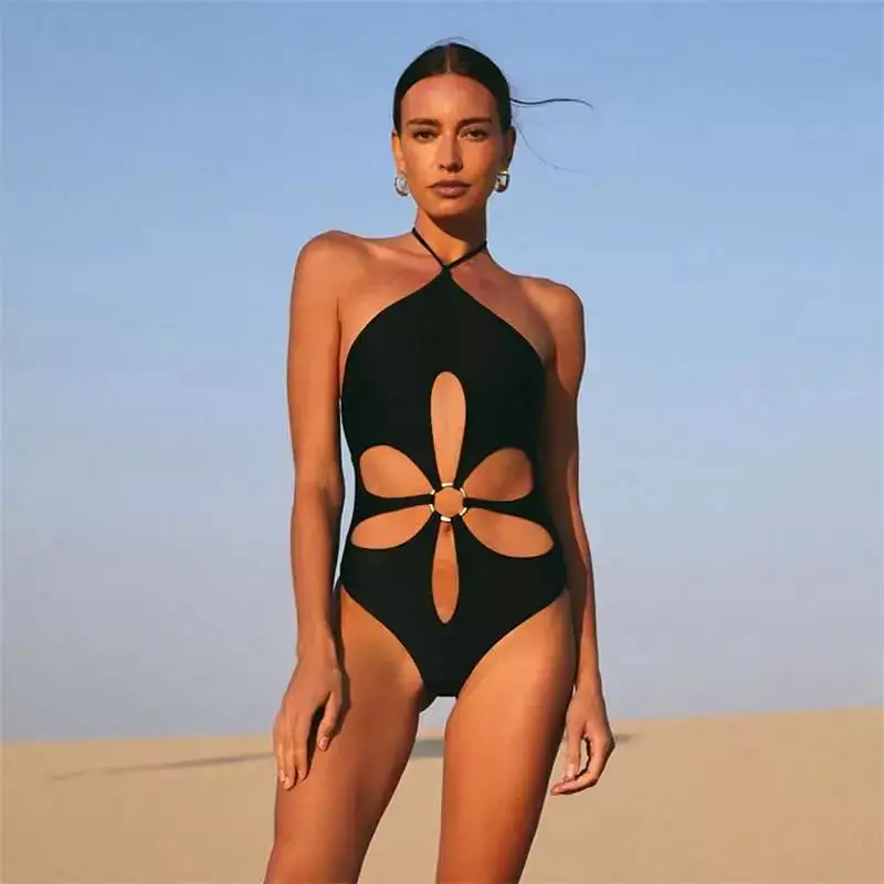 One Piece Swimsuit Set Swimwear Fashion Solid Color Flower Design Women Bathing Suit Swimwear Patchwork Biquini Bathing Suit