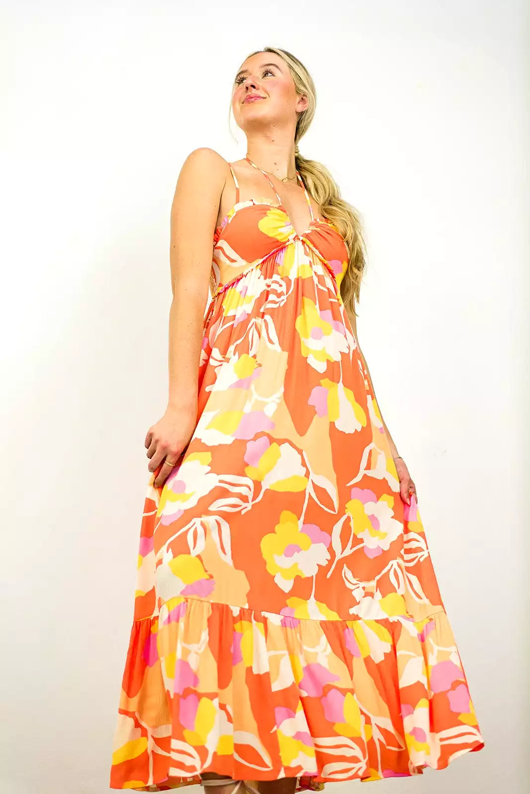 Orange Floral Halter Maxi Dress