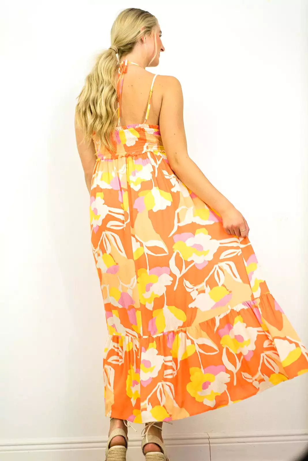 Orange Floral Halter Maxi Dress