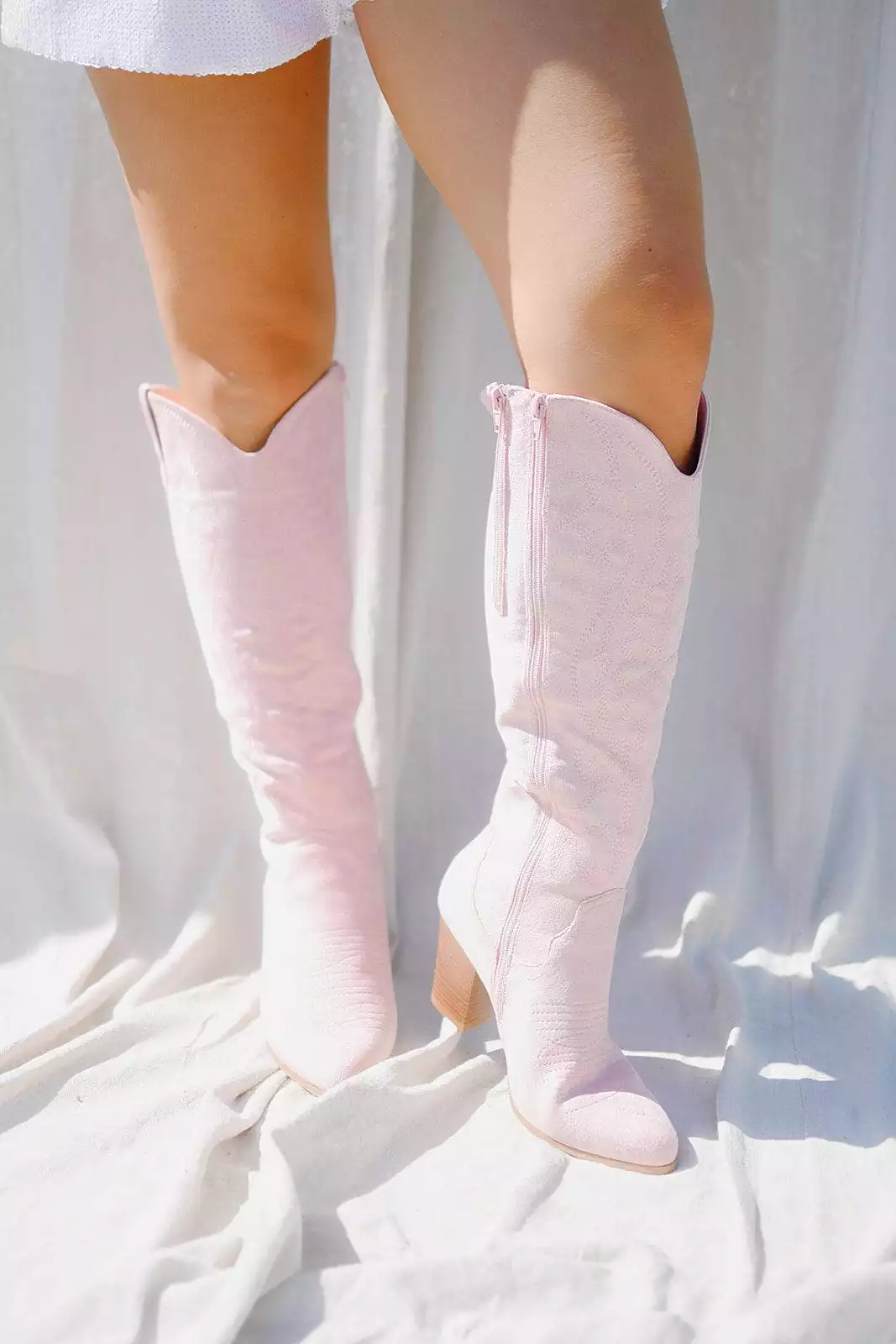 Pink Suede Knee High Cowgirl Boots