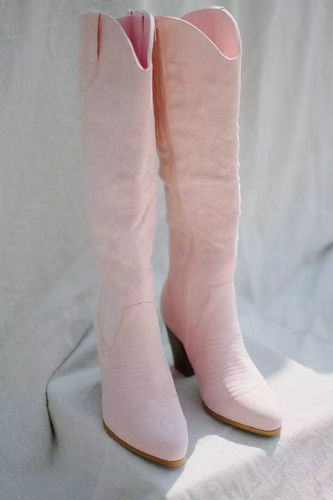 Pink Suede Knee High Cowgirl Boots