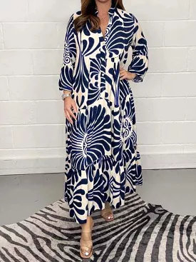 Printed Long Dress for Women Sexy V Neck Shirt Dresses L B-81926