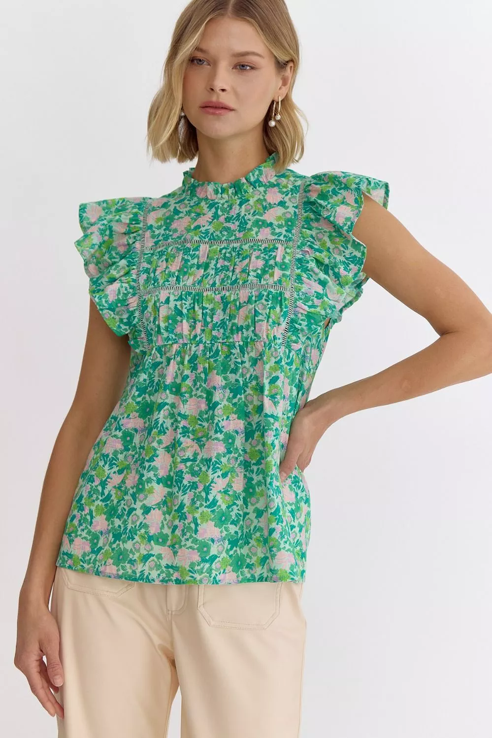 Printed Mock Neck Babydoll Top - Green