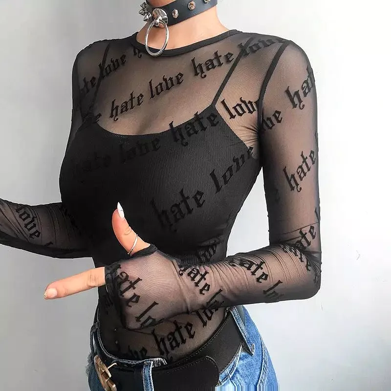 Sexy Women Mesh T-Shirts See-Through Perspective Tshirt Letter Printed O Neck Transparent Long Sleeve T Shirt Tops Women S474467