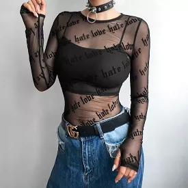 Sexy Women Mesh T-Shirts See-Through Perspective Tshirt Letter Printed O Neck Transparent Long Sleeve T Shirt Tops Women S474467