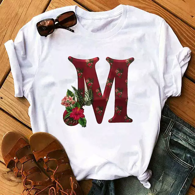 Spring Alphabet with Pink Flowers D Print T Shirt Women T Shirt Customize Name T Shirt Short Sleeve Female Woman Tee Top S465828