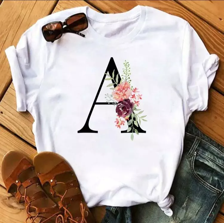 Spring Alphabet with Pink Flowers D Print T Shirt Women T Shirt Customize Name T Shirt Short Sleeve Female Woman Tee Top S465828