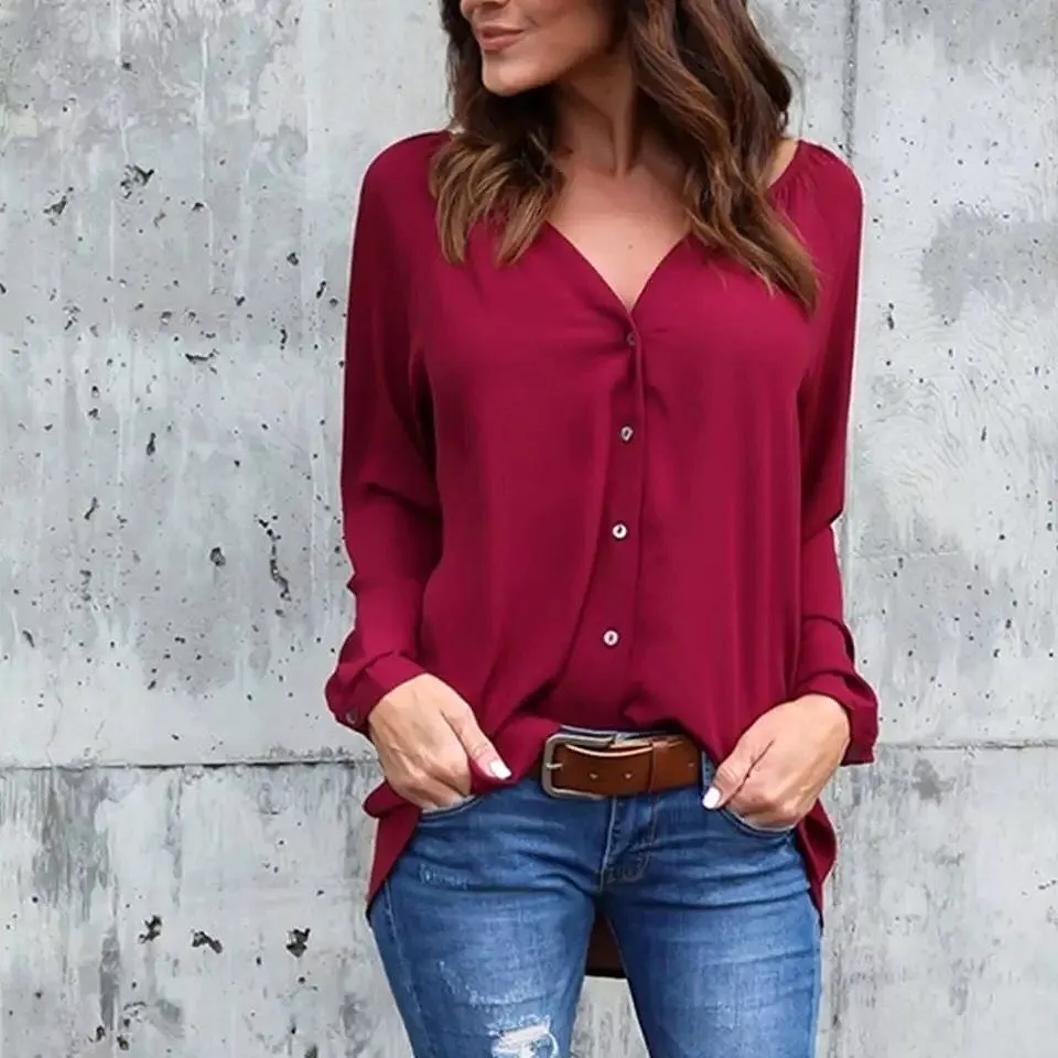 Spring Woman Long Sleeve Shirt Solid Color Chiffon Blouse For Women Casual Button Up Black Wine Red Shirts Clothing S1015664