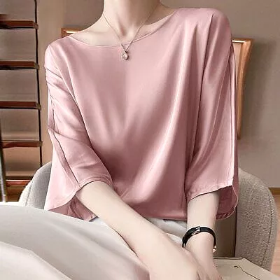 Women Silky Satin Shirt Blouse Short Sleeve O-Neck Ladies Party Club Loose Tops S4628165