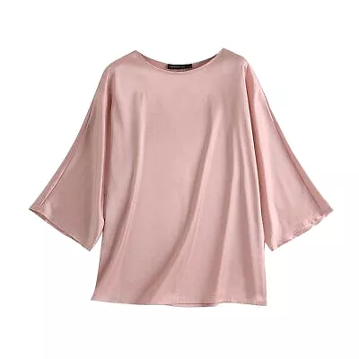 Women Silky Satin Shirt Blouse Short Sleeve O-Neck Ladies Party Club Loose Tops S4628165