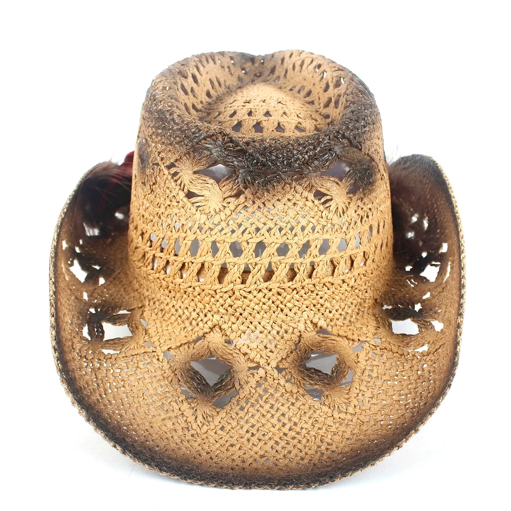 Women Straw Hollow Western Cowboy Hat Lady Handmade Peacock Feather Sombrero Hombre Beach Cowgirl Jazz Sun Hat Size 56-58CM