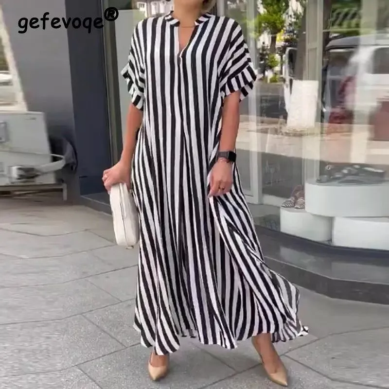 Women's Summer Fashion Striped Printed V Neck Short Sleeve Split Long Shirt Dresses Casual Streetwear Oversized Maxi Dress Robes