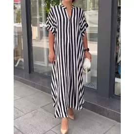 Women's Summer Fashion Striped Printed V Neck Short Sleeve Split Long Shirt Dresses Casual Streetwear Oversized Maxi Dress Robes